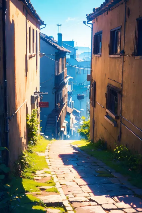 there is a narrow alley with a stone path between two buildings