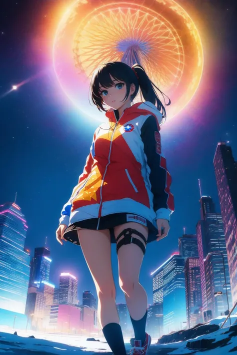 a woman in a red jacket and black shorts standing in front of a city