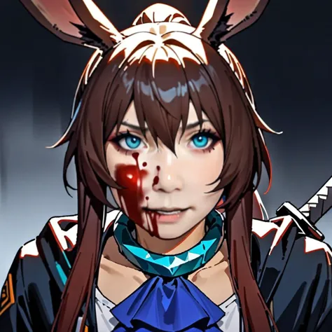 longtu-face,face,(masterpiece),(best quality),1girl, animal ears, amiya (arknights), solo, blue eyes, rabbit ears, long hair, holding, looking at viewer, blood, weapon, blue ascot, upper body, holding weapon, brown hair, ascot, hair between eyes, sword, holding sword, jacket, blood on face, closed mouth, open clothes, sidelocks, open jacket, jewelry, shirt, neck ring, white shirt, black jacket, ponytail, glowing,