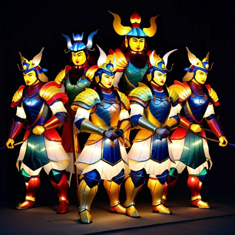 Generate an image in a realistic style, featuring celestial warriors and generals constructed entirely out of lanterns. The intricate details of the lanterns should illuminate their armor and weapons, casting soft, ethereal glows that highlight their formidable presence. Each warrior stands in a majestic pose, embodying the power and grace of heavenly beings, with the lantern light reflecting off their features to emphasize the craftsmanship and artistry of their design,<lora:lightflower3:0.8>