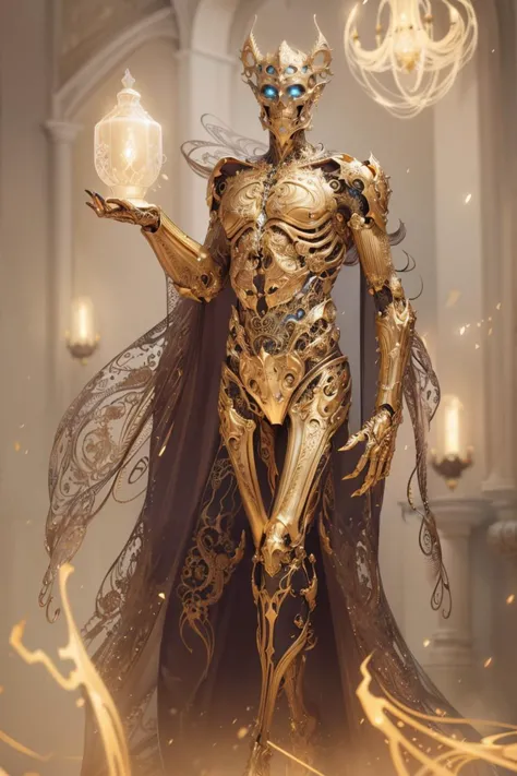 a gold statue of a man with a glowing face and a cape