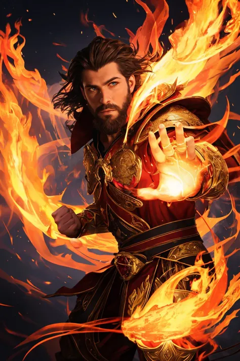 a man with a beard and a beard in a red robe holding a fire ball