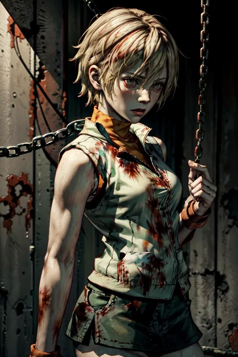 1girl, solo, <lora:SH3Heather:0.8>, SH3Heather, orange turtle neck sweater, sleeveless, white vest, green mini skirt, mall, <lora:add_detail:0.7>, <lora:SillentHillStyle:0.2>, silent hill style, chains, hooks, blood, red background, dark atmosphere,