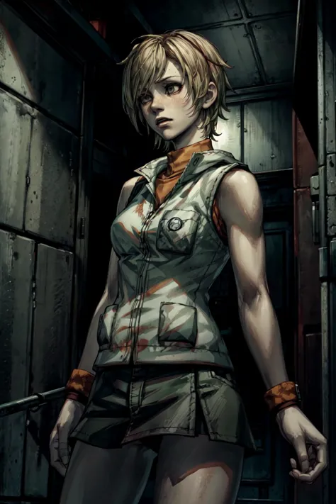 1girl, solo, <lora:SH3Heather:0.8>, SH3Heather, orange turtle neck sweater, sleeveless, white vest, green mini skirt, mall, <lora:add_detail:0.7>, <lora:SillentHillStyle:0.2>, silent hill style, dark atmosphere,