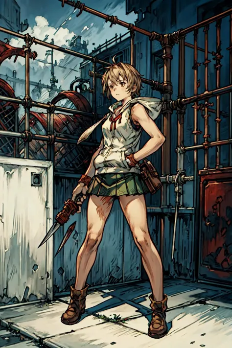 a woman in a short skirt holding a rifle in a jail cell