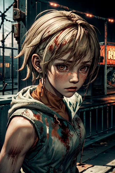 1girl, portrait, <lora:SH3Heather:0.8>, SH3Heather, brown eyes, sleeveless, sweater, white vest with hood, green mini skirt, amusement park, <lora:add_detail:0.7>, horror, gore, metalic walls, fences, rust, red walls, barbed wire, hooks, dark atmosphere,