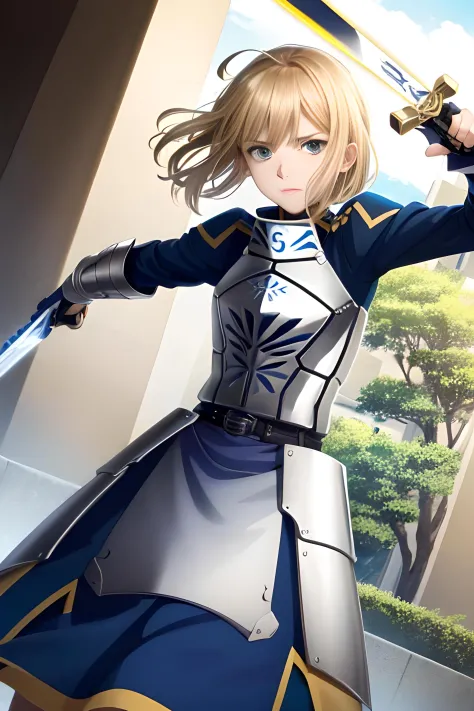 1 girl, solo,fighting, holding magic sword, dynamic pose, dungeon, dynamic shot,, artoria pendragon \(fate\),armor ,excalibur \(...