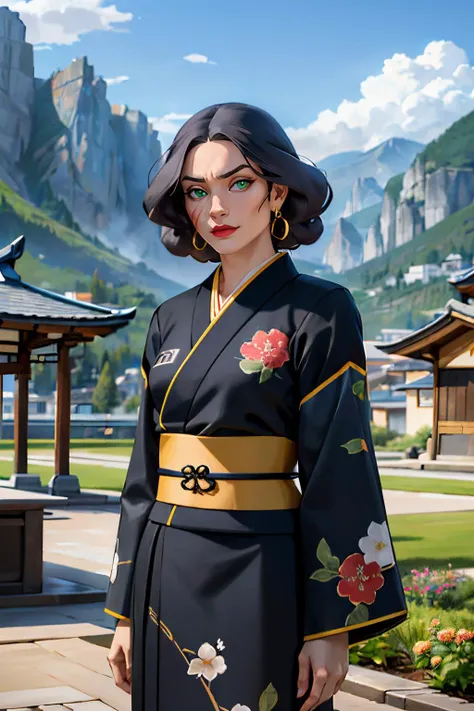 woman in traditional japanese dress standing in front of a mountain