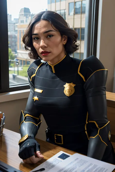 a woman in a black and gold costume sitting at a desk