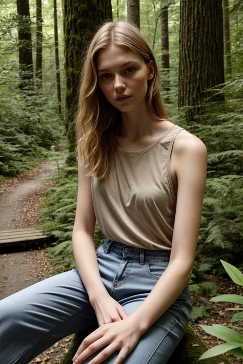 <lora:kawaii7.1.3_obj20:0.75:0.25>, European woman, closeup, sandals, (shirt), pants, (bridge in the woods), ZM_daisy, wide shoulders, perfect face, (contact iris: 1.1), pale skin, skin pores , depth of field