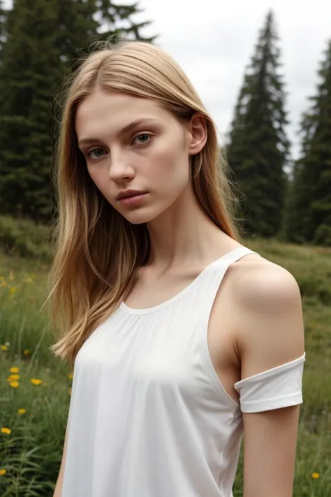 a woman in a white top standing in a field of flowers