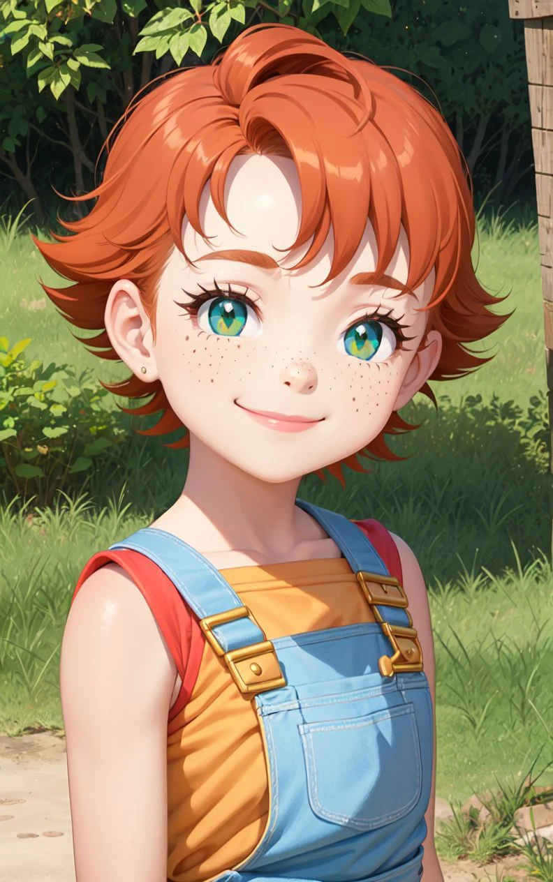 1girl,sxfrances,short hair,orange hair,green eyes,freckles,red overalls,blue_shirt,smile,solo,looking at viewer nature,AS-Young,