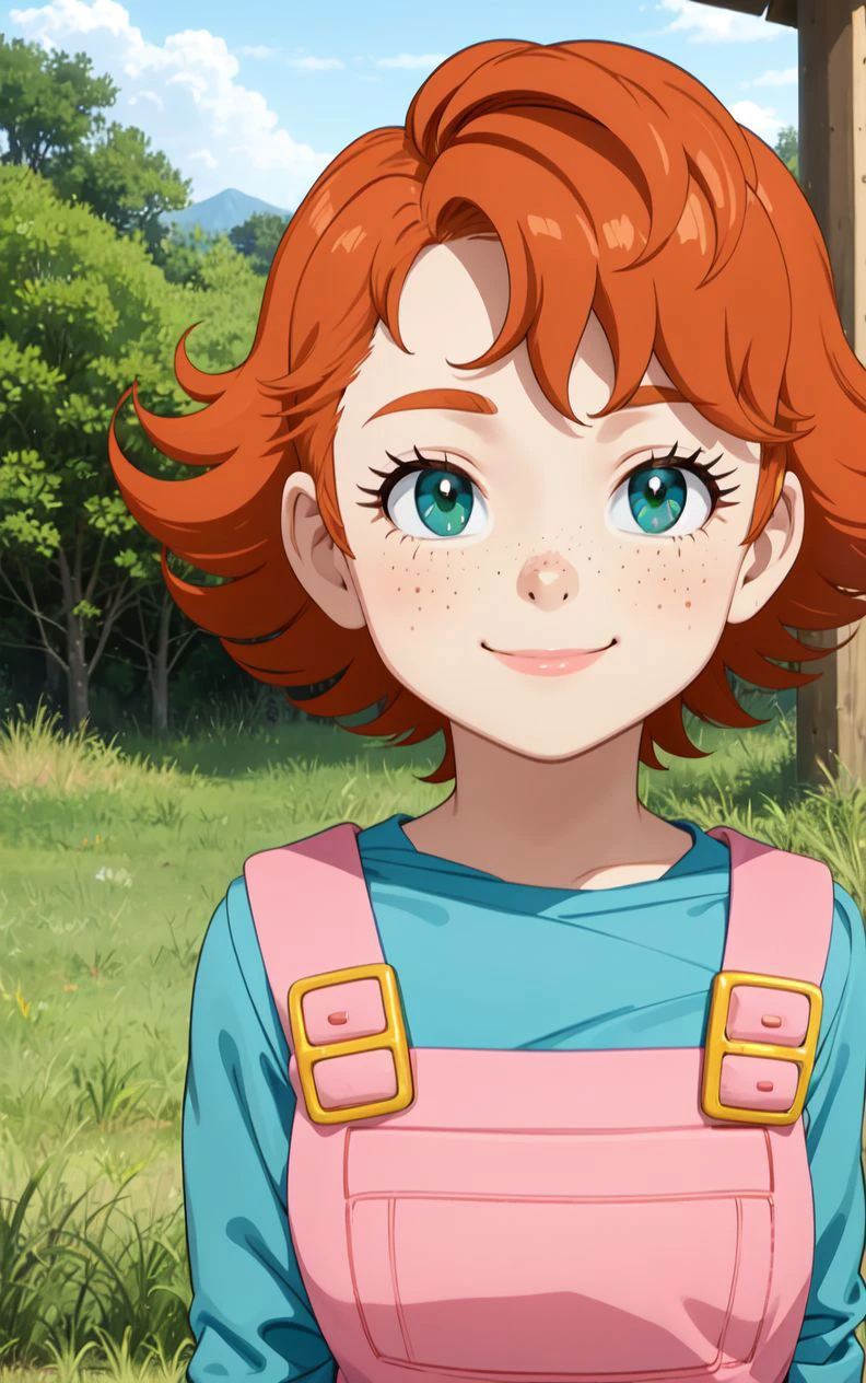 1girl,sxfrances,short hair,orange hair,green eyes,freckles,red overalls,blue_shirt,smile,solo,looking at viewer nature,AS-Young,