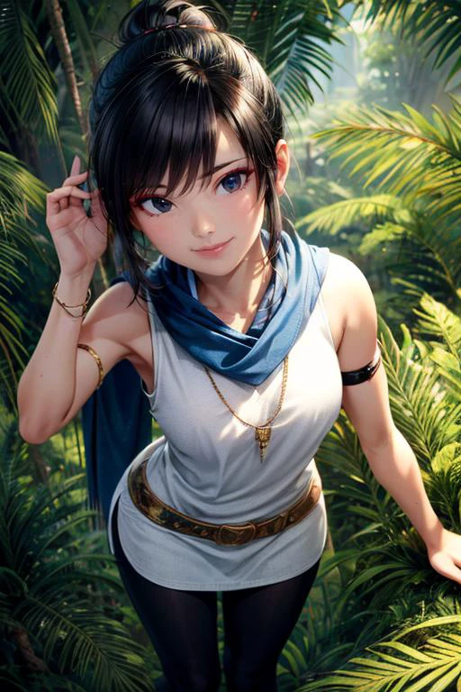 (masterpiece, best quality, highres, absurdres, ultra-detailed:1.2), ((kena, 1girl, solo, blue and white shawl, tunic, arm bands, black leggings, patches, from above)), (asian:1.3), (jungle, tropical trees, ancient city, overgrowth), RedEyeLiner, (AS-Young:0.4)