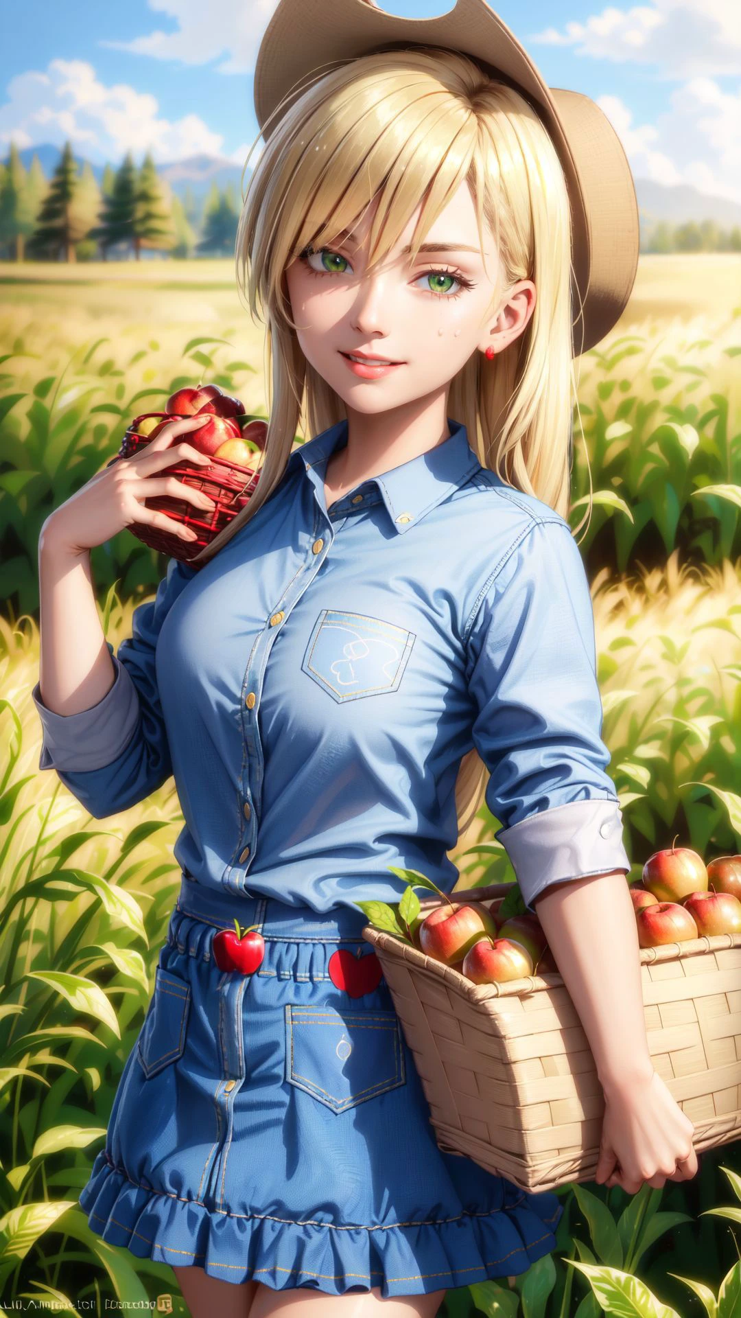 (masterpiece, best quality:1.2),cowboy shot,solo,1girl,mlpapplejack,smile,looking at viewer,low-tied long hair,cowboy hat,shirt,denim skirt,belt,wheat field,sweat,holding a basket of apples,