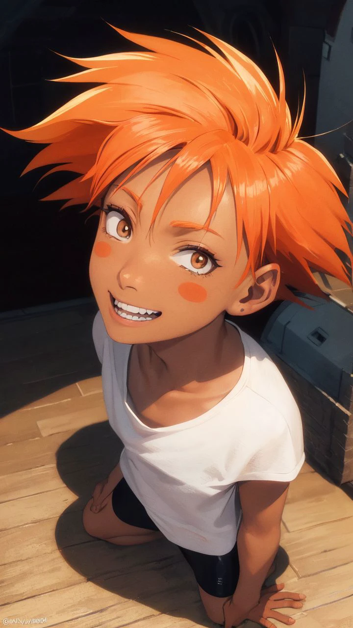 Edward,tan skin,tomboy,midriff,orange hair,(white loose shirt),off shoulder,spiked hair,barefoot,bike shorts,brown eyes,goggles on head,blush stickers,grin,space station,engine room,(insanely detailed, beautiful detailed face, masterpiece, best quality) volumetric lighting,best quality,masterpiece,intricate details,tonemapping,sharp focus,hyper detailed dynamic angle, from above