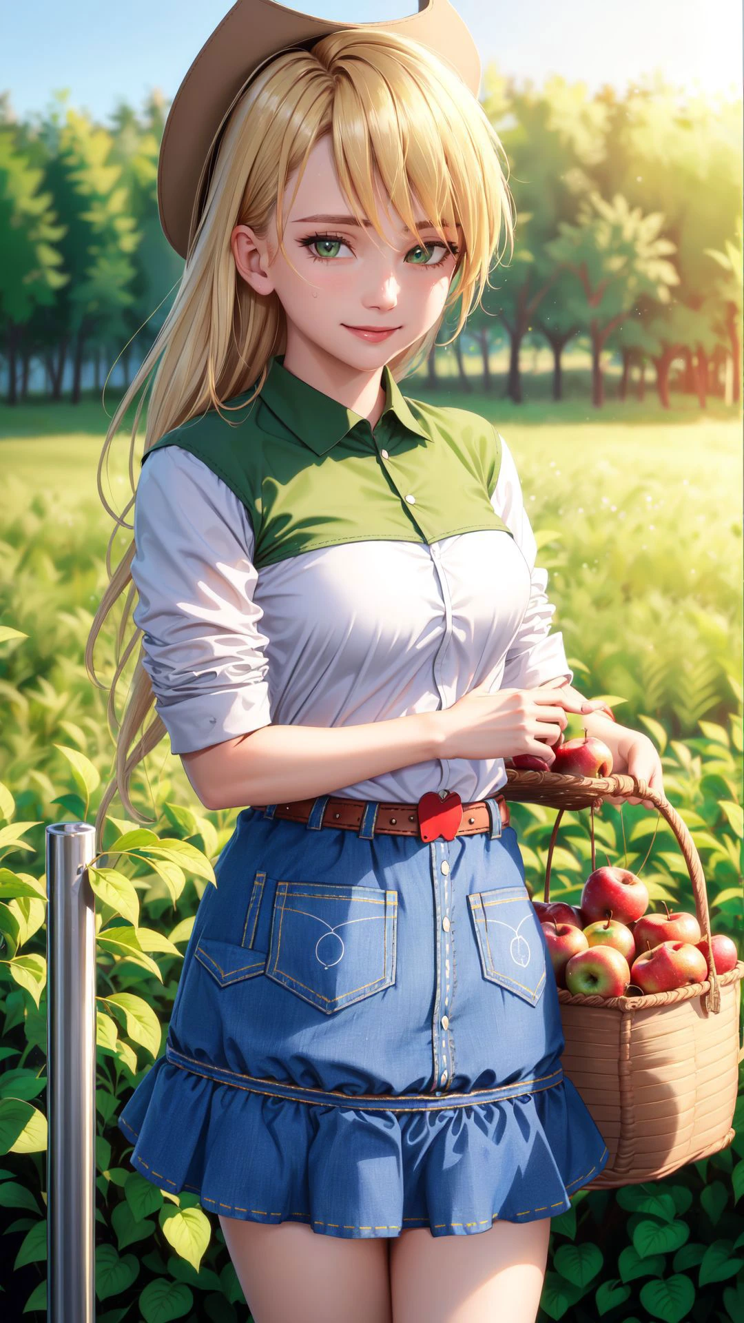 (masterpiece, best quality:1.2),cowboy shot,solo,1girl,mlpapplejack,smile,looking at viewer,low-tied long hair,cowboy hat,shirt,denim skirt,belt,wheat field,sweat,holding a basket of apples,
