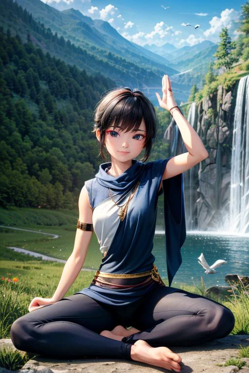 (masterpiece, best quality, highres, absurdres, ultra-detailed:1.2), ((kena, 1girl, solo, blue and white shawl, tunic, arm bands, black leggings)), (meditate, crossleg, asian:1.4), (waterfall, blue sky, clouds, birds, overgrowth), RedEyeLiner, (AS-Young:0.4)