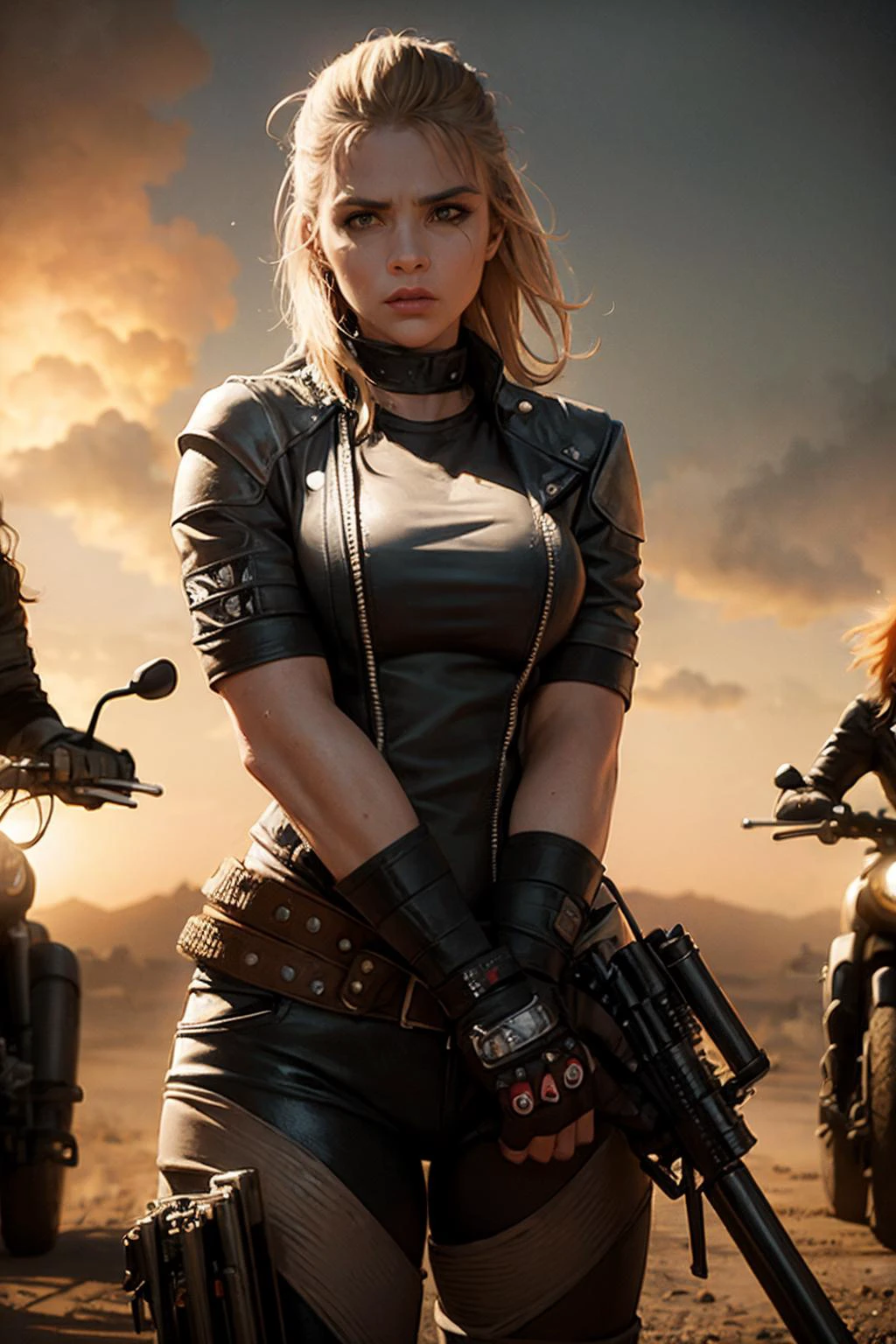 女性摩托车手团伙. 武装和危险. 疯狂的麦克斯艺术风格. 电影灯光.