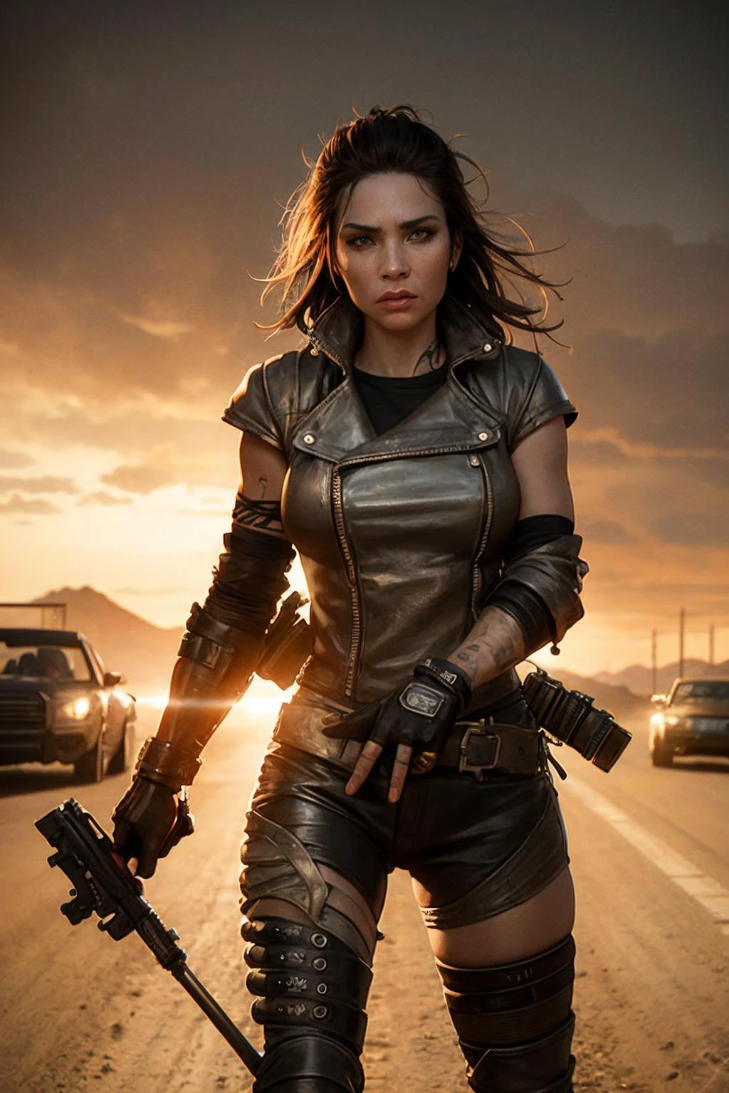 女性摩托车手团伙. 武装和危险. 疯狂的麦克斯艺术风格. 电影灯光.