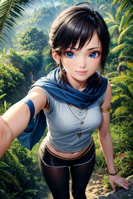 (masterpiece, best quality, highres, absurdres, ultra-detailed:1.2), ((kena, 1girl, solo, blue and white shawl, tunic, arm bands, black leggings, patches, from above)), (asian:1.3), (jungle, tropical trees, ancient city, overgrowth), RedEyeLiner, (AS-Young:0.4)