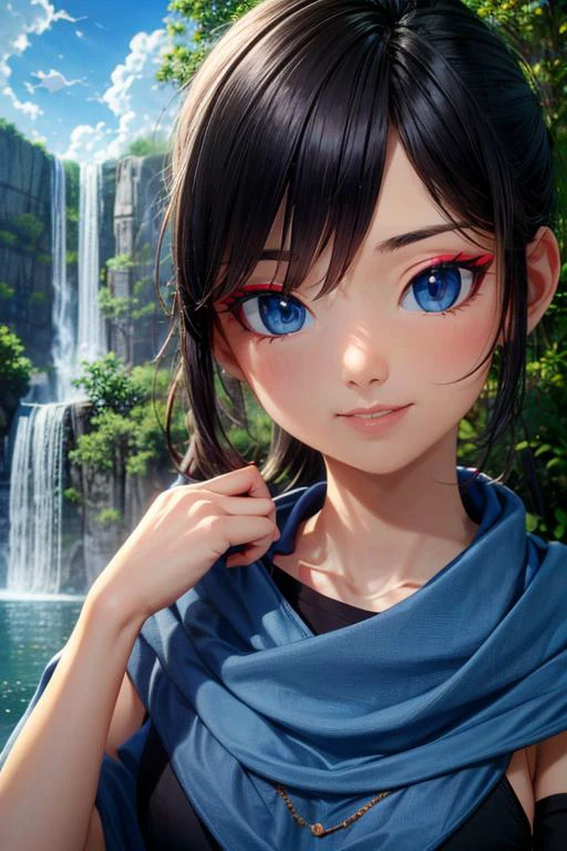 (masterpiece, best quality, highres, absurdres, ultra-detailed:1.2), ((kena, 1girl, solo, blue and white shawl, tunic, arm bands, black leggings)), (portrait, asian:1.4), (waterfall, blue sky, clouds, birds, overgrowth), RedEyeLiner, (AS-Young:0.4)