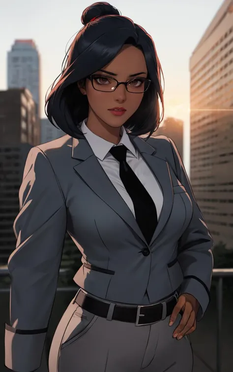 a close up of a woman in a suit and tie standing in front of a city