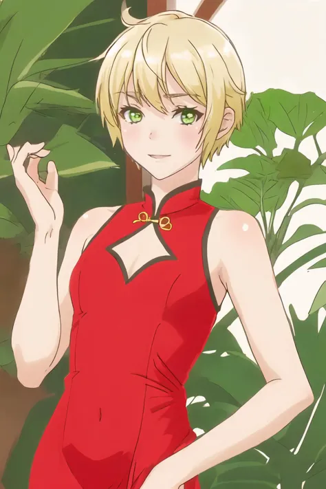 a woman in a red dress standing next to a plant