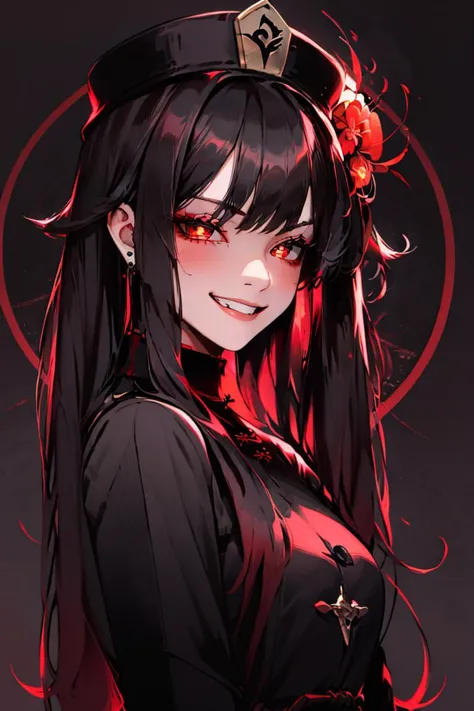 <lora:Minimalistic_Style:0.8>, black background, red glow, upper body, 
((masterpiece,best quality)), absurdres, <lora:Hu_Tao_Genshin:0.8>,  Hu_Tao_Genshin, 1girl, solo, long hair, red eyes, brown eyes, flower-shaped pupils, twintails, hu tao \(genshin impact\), hat, long sleeves, hat flower, jewelry, chinese clothes, grin, smile, looking at viewer, upper body, blush, detailed eyes