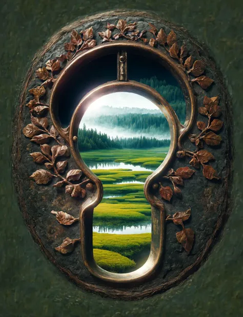 a close up of a keyhole with a view of a field