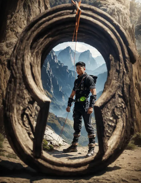 arafed man standing in front of a tree with a rope