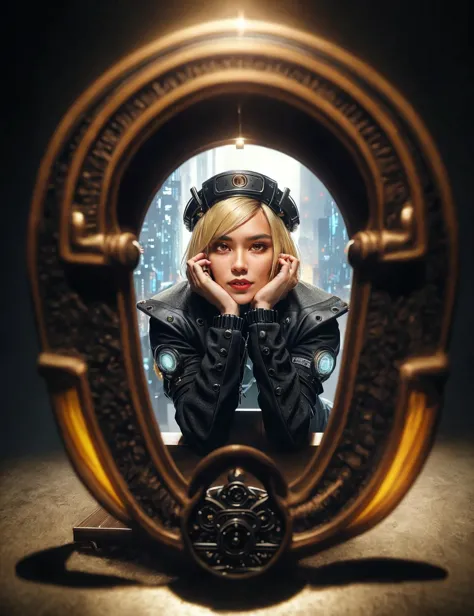 a woman in a steam - punk outfit is looking into a mirror