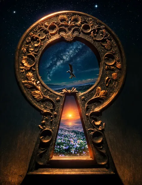 a keyhole with a bird flying through it and a sky in the background