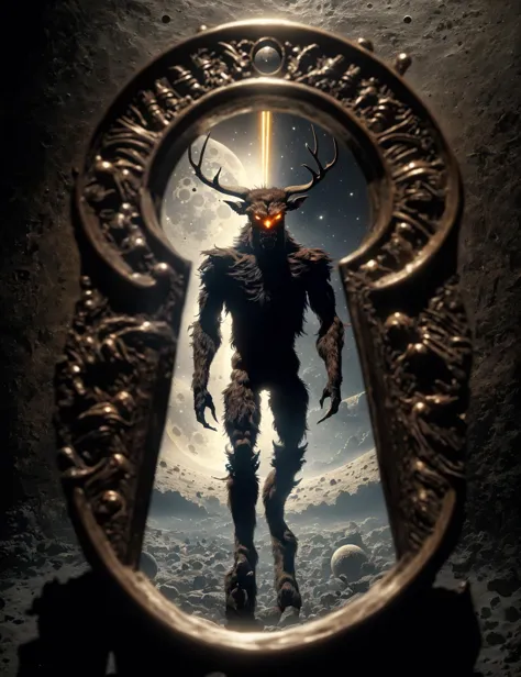 a poster of a man with a horned head standing in a doorway