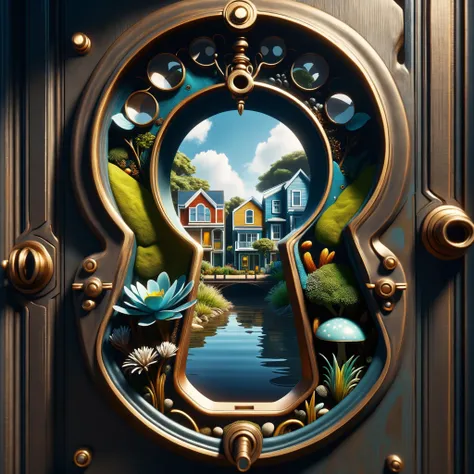 there is a painting of a keyhole with a house and a pond