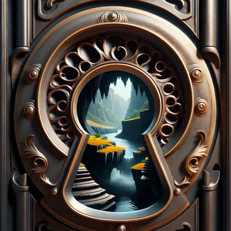 there is a keyhole with a painting of a mountain and a river