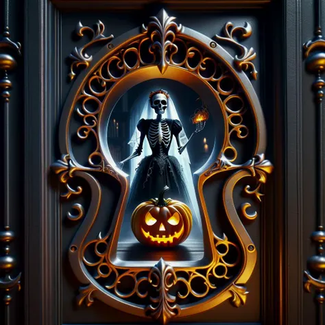 a close up of a skeleton in a keyhole with a pumpkin