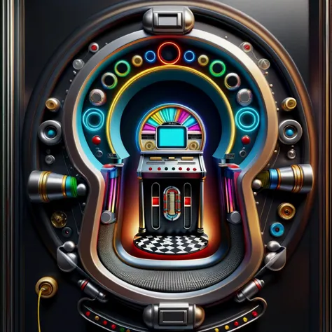 a close up of a juke machine with a clock on it