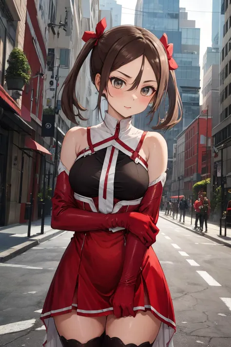 masterpiece,best quality,highres,ultra-detailed,, 
((Street in the middle of a modern city,detailed background,beautiful background)), Miyoshi_Karin, 1girl, solo,brown hair, hair ornament, thighhighs, gloves, dress, hair between eyes, bare shoulders, twintails,brown hair, boots, elbow gloves,parted bangs, grey eyes, thigh boots, red dress, red footwear, red gloves, red thighhighs,red leotard,upper body 