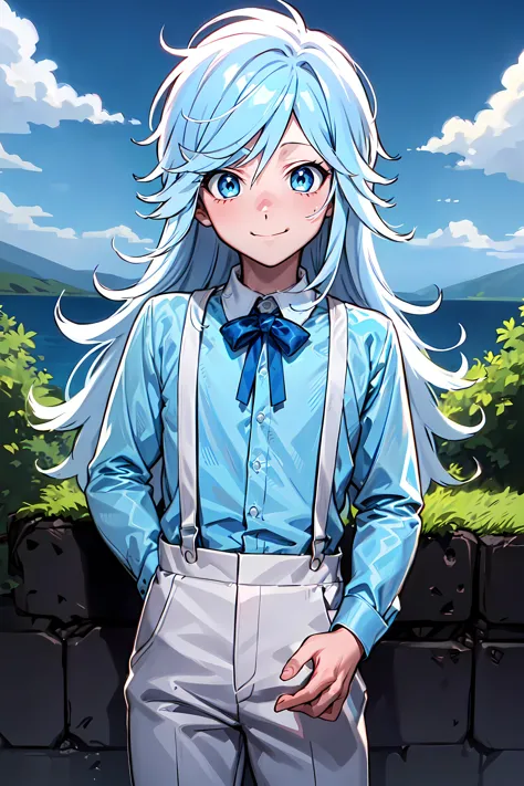 anime girl with blue eyes and white hair standing in front of a stone wall