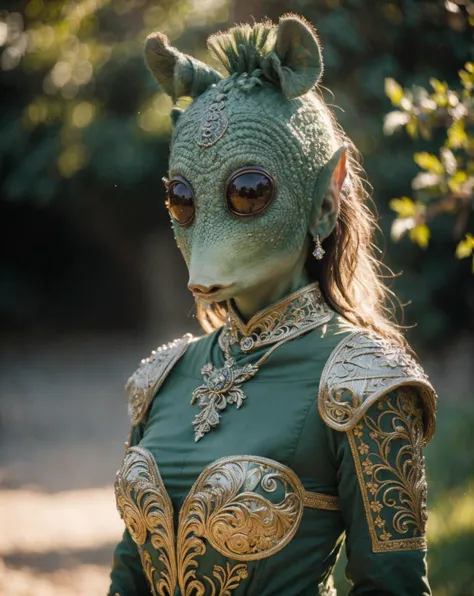 a woman in a green costume with a horned head and a green mask