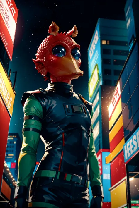 a woman in a red helmet and green leather outfit standing in a city