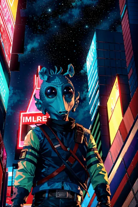 rodian alien,in a sci fi city,neons,street,looking up,cinematic shot<lora:RodiantestSkin1:0.8>