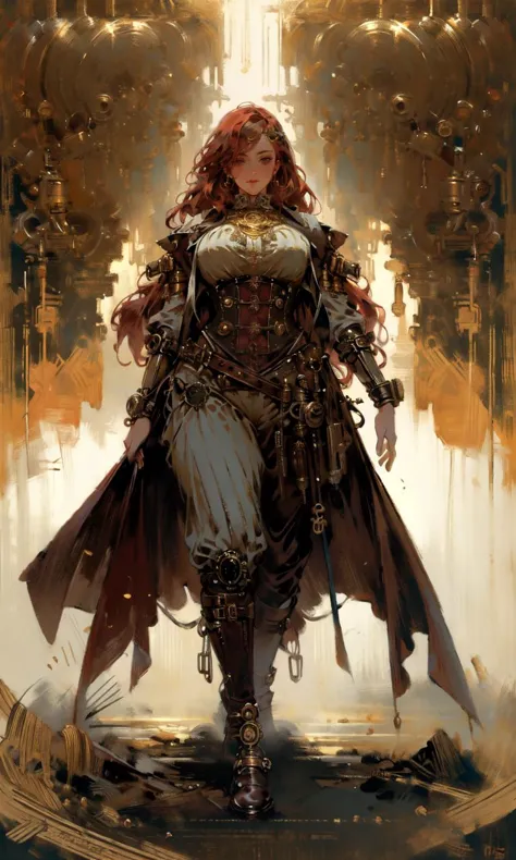 photo of a girl, long flowing red hair with gold streak, symmetrical facial features, STEAMPUNK, extreme detail, detailed drawin...