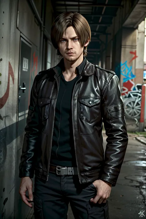 arafed man in a black leather jacket standing in a dark alley