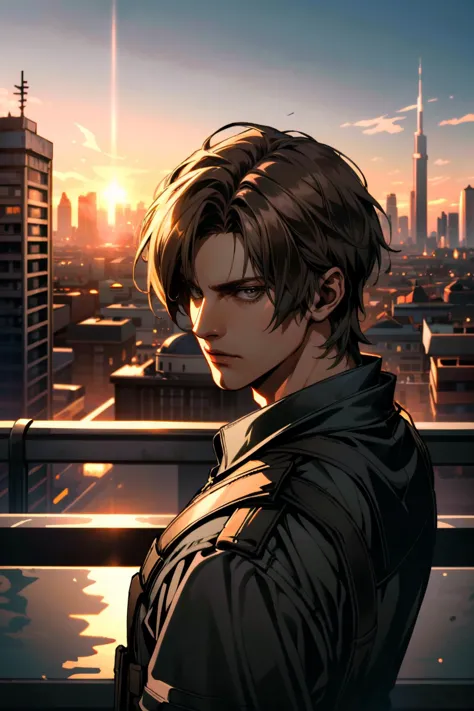 ((ultra detailed, masterpiece, absurdres))
 <lora:RE6Leon:0.8>
RE6Leon, 1boy, brown hair, looking at viewer, Urban rooftop setting, city skyline in the background, golden hour lighting