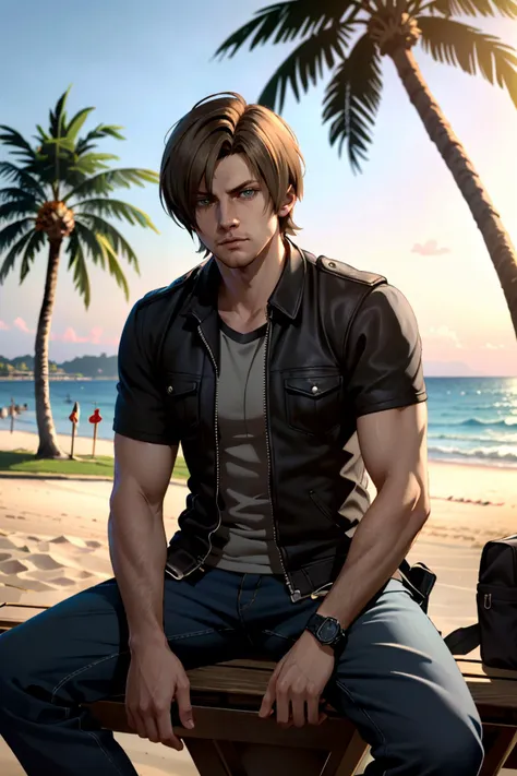 ((ultra detailed, masterpiece, absurdres))
 <lora:RE6Leon:0.8>
RE6Leon, 1boy, brown hair, looking at viewer, sitting, at the beach, casual clothing, palm trees, sundown