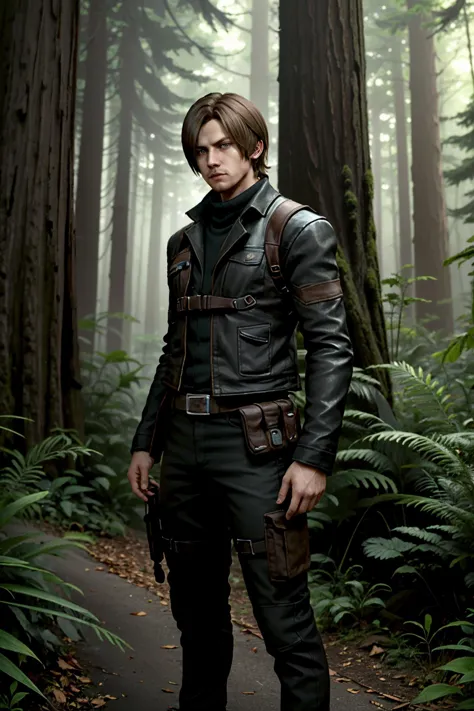 arafed image of a man in a leather jacket standing in a forest