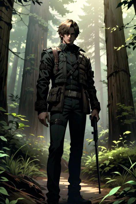 a man in a forest with a rifle and a rifle