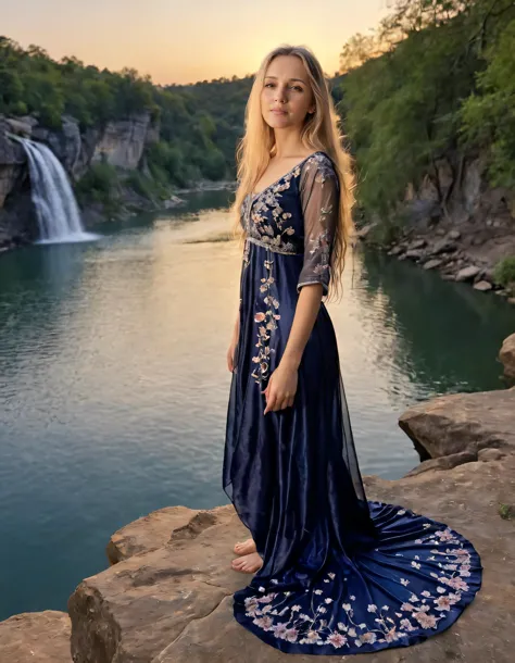 In the realm of fantasy, under an ethereal twilight sky, a captivating young woman named SARAra, adornedinashimmering gownof midnightblue silk, embroideredwithsilverthread depictingdelicate flowers, standsgraeciously ontheedgea secludedcrystalclear lake, herlong golden hair cascadingdownherbacklikeawaterfall of sunlight. Sara <lora:qlhokt18fc46c5994j4d9:1>